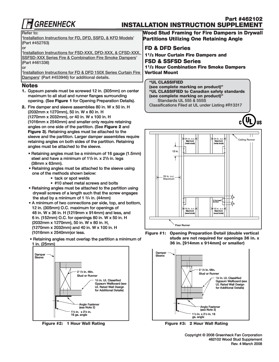 Greenheck Fan 462102 installation instructions Installation Instruction Supplement, FD & DFD Series, FSD & SSFSD Series 